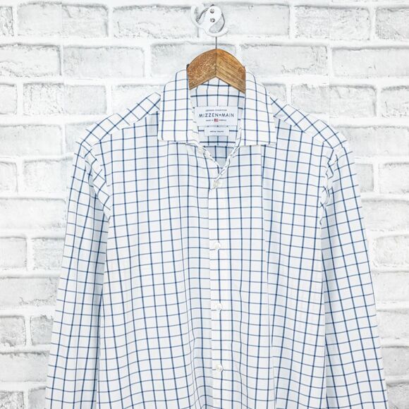 MIZZEN + MAIN Men's Trim fit button up Shirt white windowpane check sz Medium - Picture 3 of 5